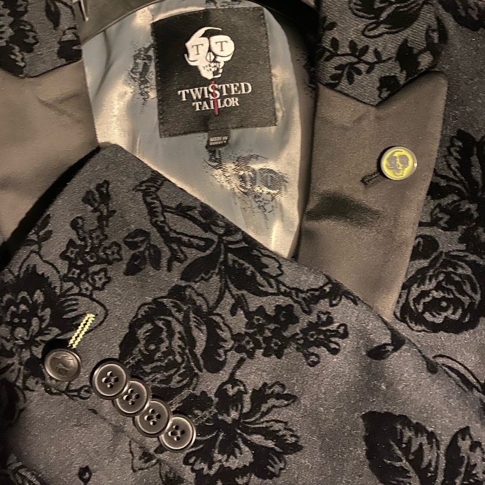 Fleet Floral Slim Fit Black Suit by Twisted Tailor. Black velvet pattern formal. - Picture 3 of 5